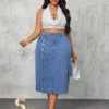Slaydiva Plus Size Women Cowgirl Style Blue High Slit Sexy Denim Skirt