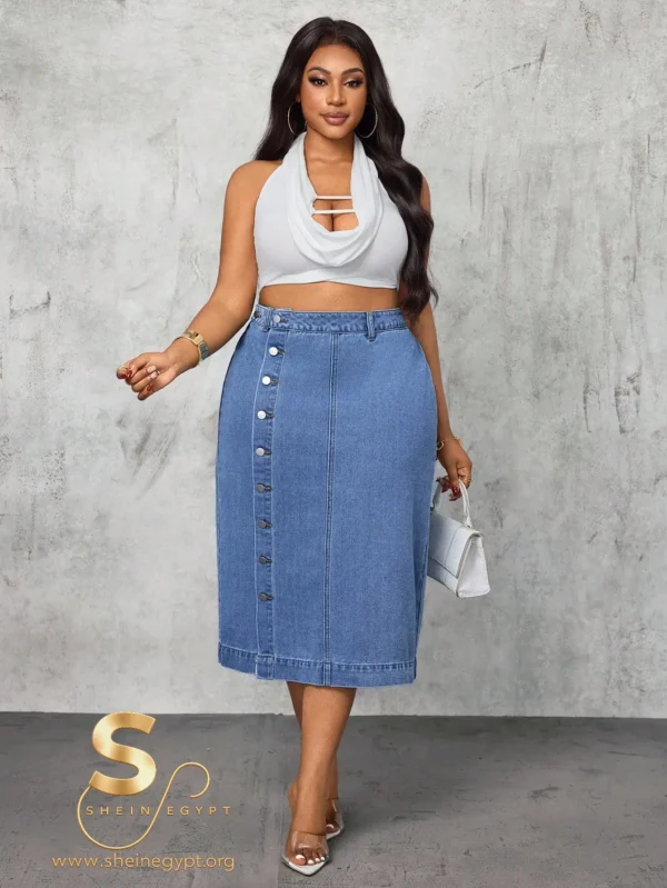 Slaydiva Plus Size Women Cowgirl Style Blue High Slit Sexy Denim Skirt