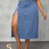 Slaydiva Plus Size Women Cowgirl Style Blue High Slit Sexy Denim Skirt