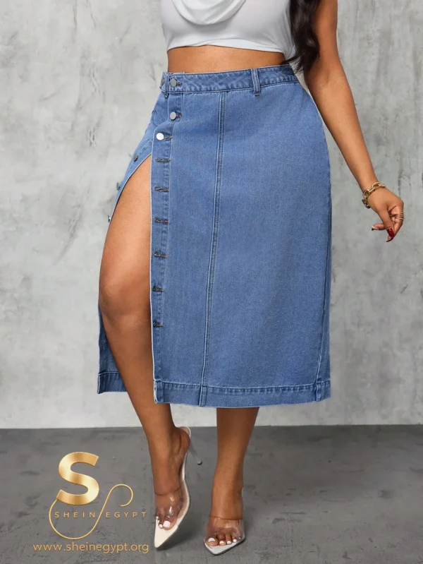 Slaydiva Plus Size Women Cowgirl Style Blue High Slit Sexy Denim Skirt