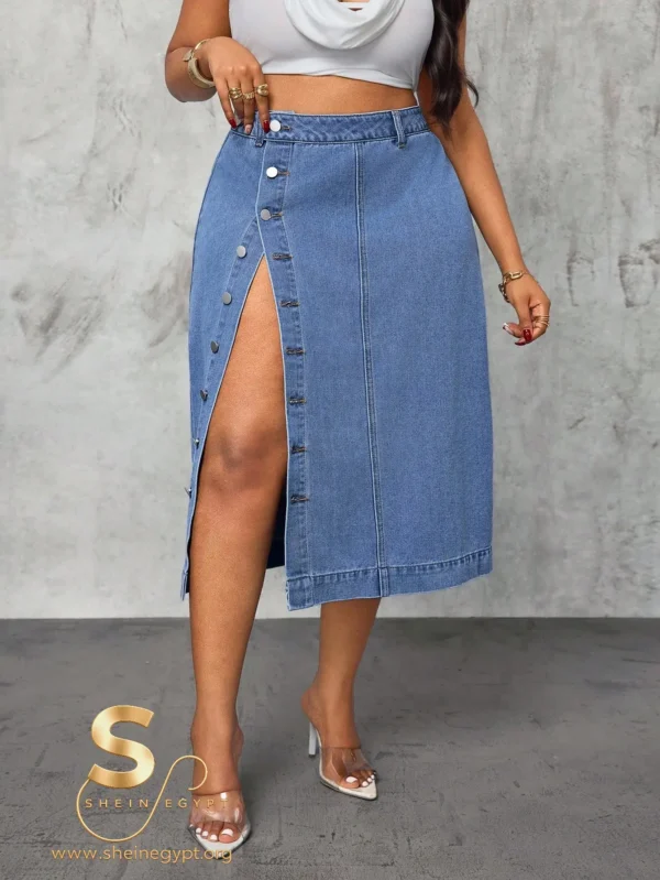 Slaydiva Plus Size Women Cowgirl Style Blue High Slit Sexy Denim Skirt
