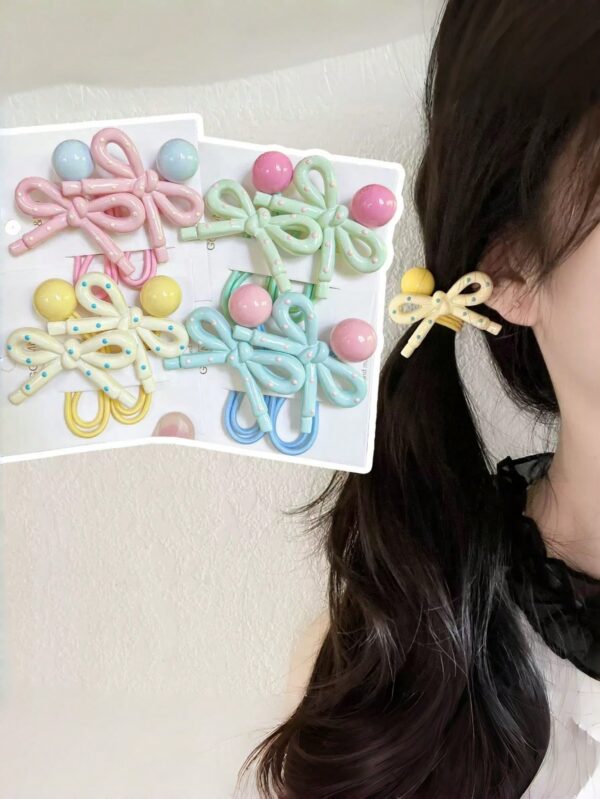 1768367139276b0faad8332bac29f6921a3273e49d 4pcs Girls' Cute Versatile Cream Polka Dot Bow Elastic Hair Ties