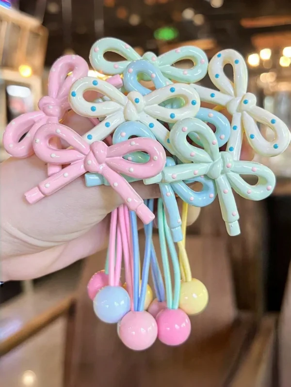 1768367139894b9e666d337bf97f656a9a65e6cf55 4pcs Girls' Cute Versatile Cream Polka Dot Bow Elastic Hair Ties