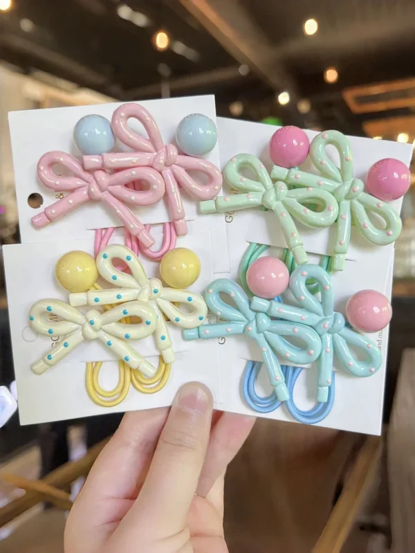 176836726797689c68fb0296abde0cd43e8b1dd2dc 4pcs Girls' Cute Versatile Cream Polka Dot Bow Elastic Hair Ties