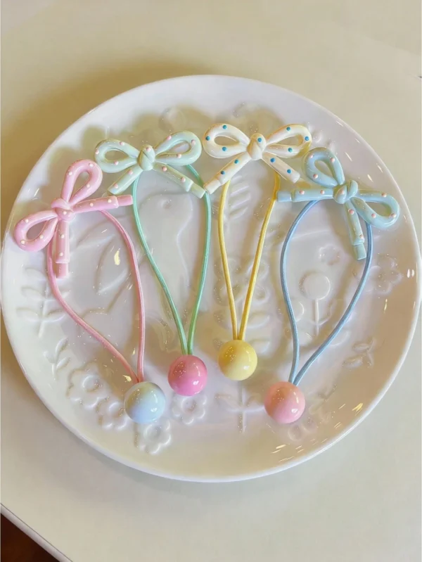 17683673633e271d24571632506825d6e377c9e737 4pcs Girls' Cute Versatile Cream Polka Dot Bow Elastic Hair Ties