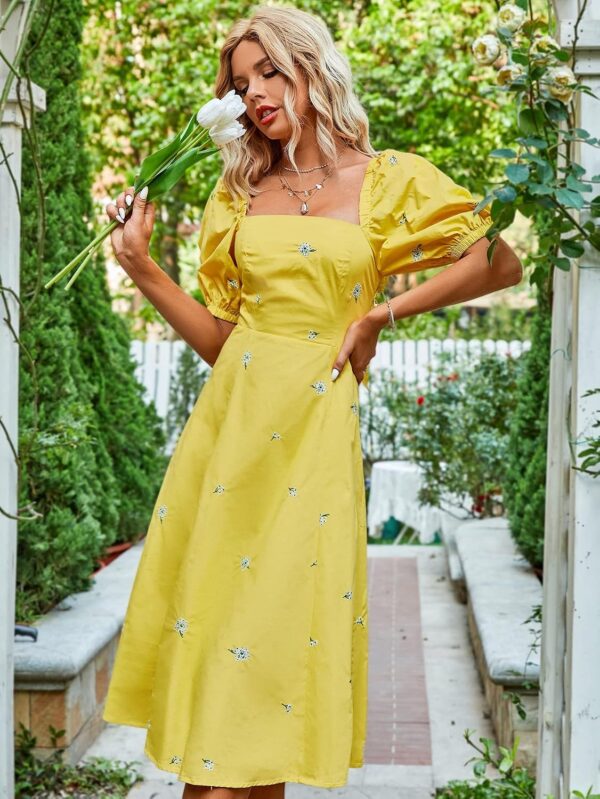 Dresses Floral Embroidery Shirred Tie Back Dress