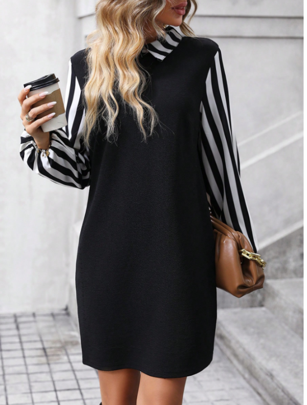 SHEIN Clasi Striped Print Mock Neck Lantern Sleeve Dress