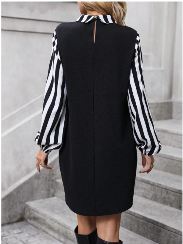 SHEIN Clasi Striped Print Mock Neck Lantern Sleeve Dress