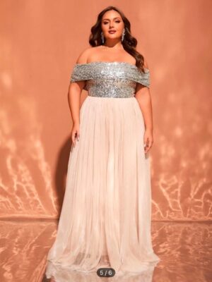 Oversized Dress Plus Contrast Sequins Mesh Off Shoulder Prom Dress