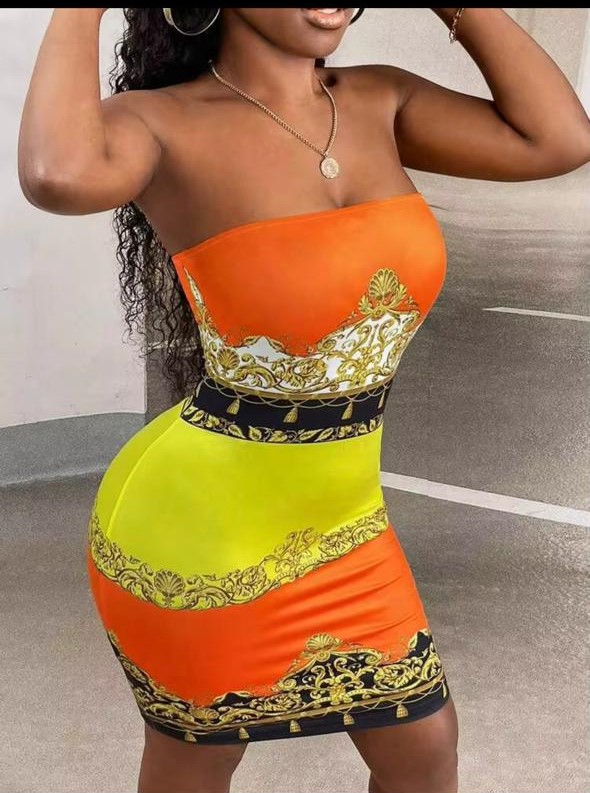Slaydiva Baroque Print Tube Bodycon Dress