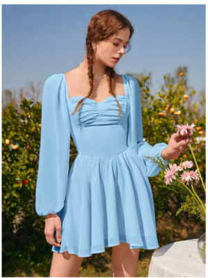 blue dress SHEIN MOD Folds Blue DressSweetheart Neck Lantern Sleeve Milkmaid Dress