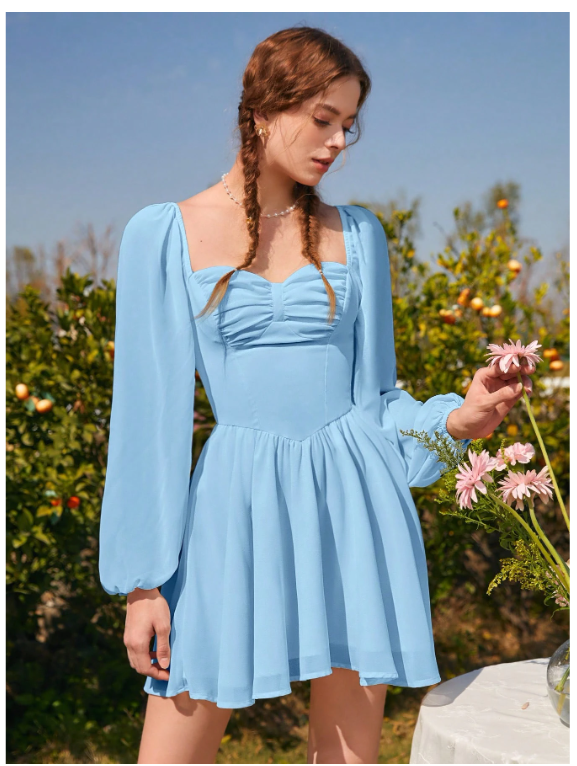 SHEIN MOD Folds Blue DressSweetheart Neck Lantern Sleeve Milkmaid Dress