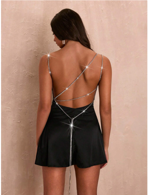 short2 SHEIN BAE Summer Black Backless Mini Dress With Rhinestone Chain Decoration, Elegant And Gorgeous Look For Women