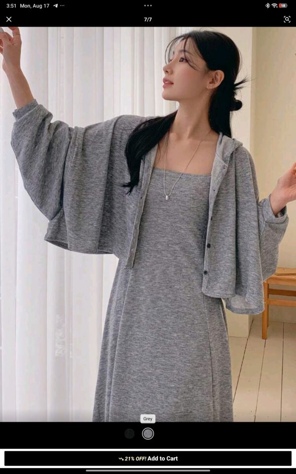 DAZY 2pcs/Set Women Autumn Embellished Drop Shoulder Long Sleeve Hooded Jacket And Sling Dress